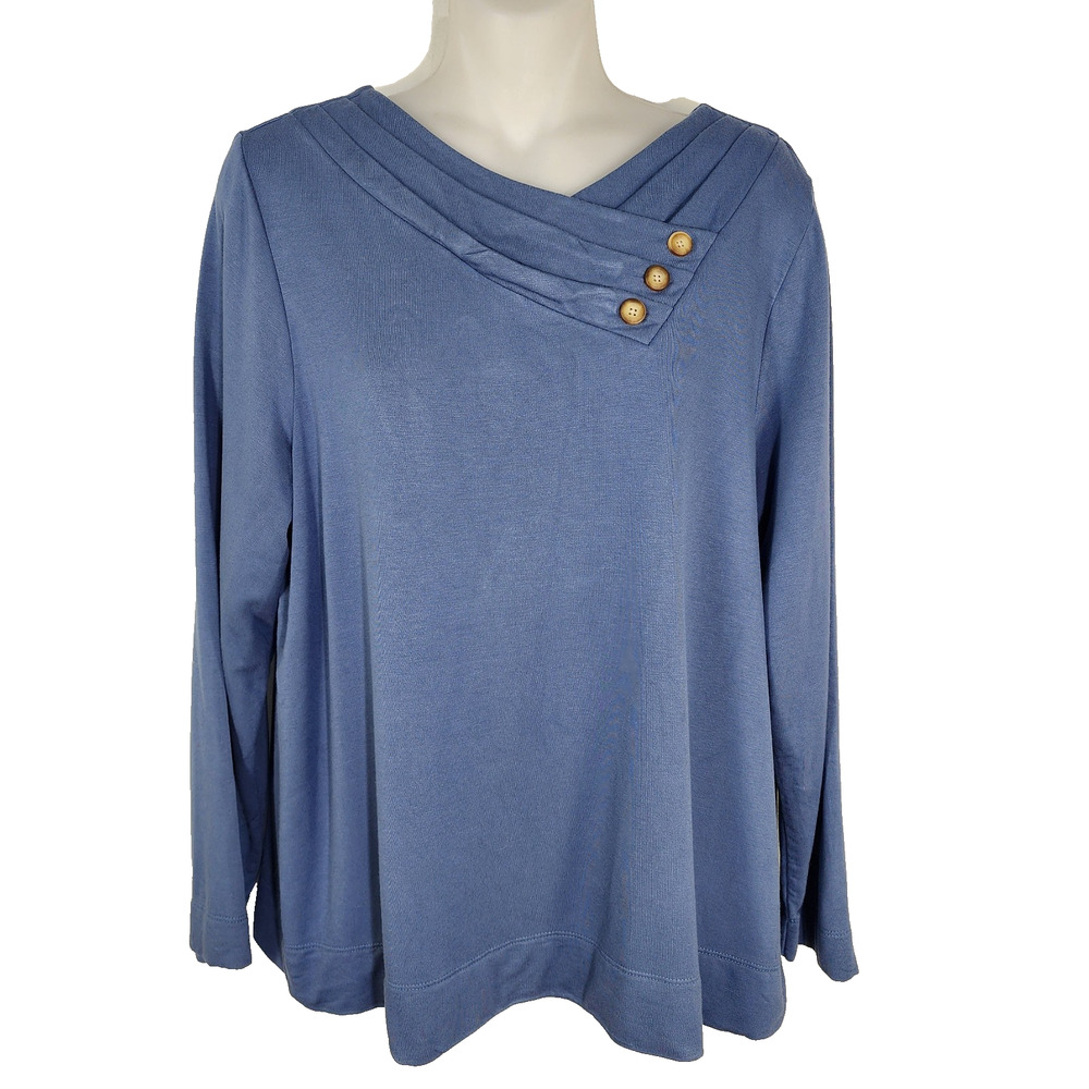 J Jill PureJill Top Women's Large Blue Long Sleeve V Neck Button Detail Pullover